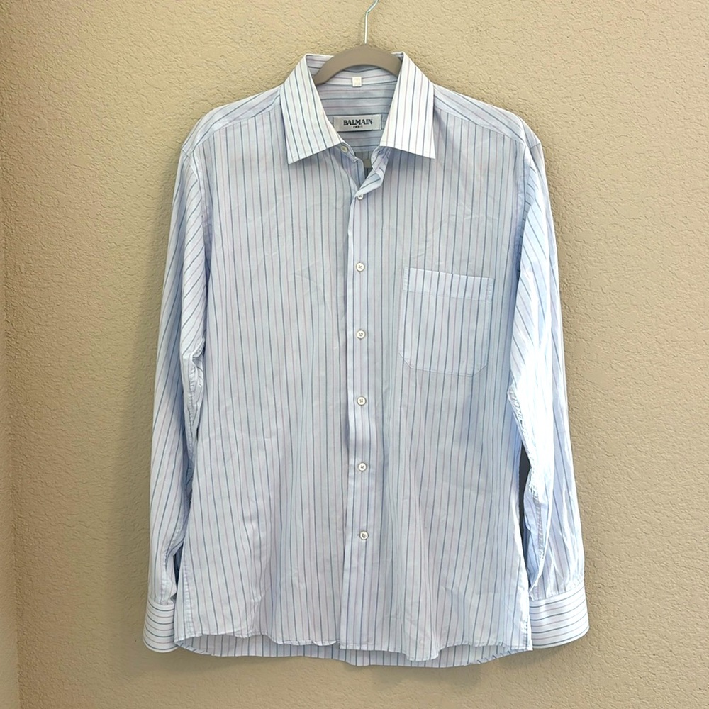 Balmain Paris Men Casual Button Down Shirt Sz M in Blue